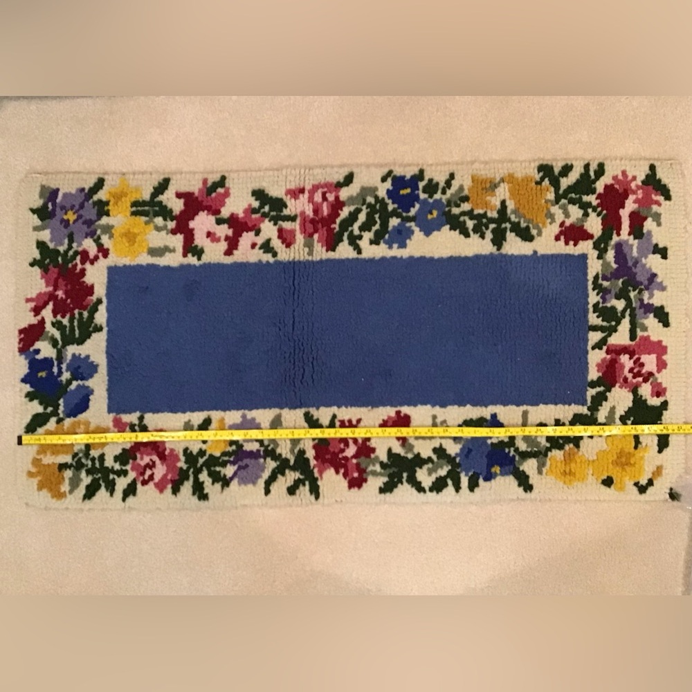 Vintage Floral Border Blue Center Latchhook Rug 70’s